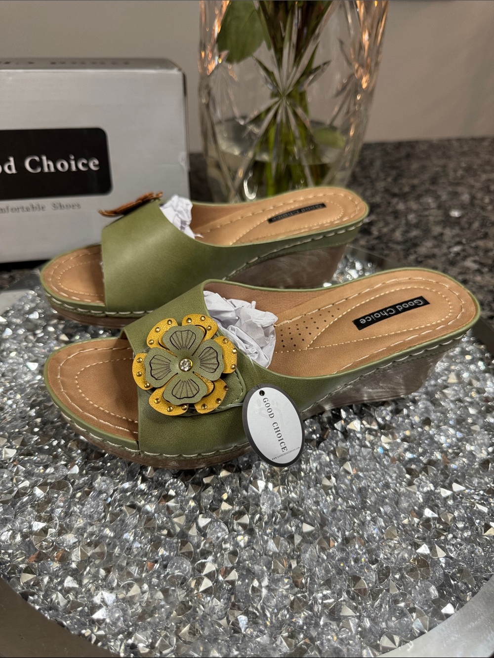 Good Choice Olive Green Floral Slide Wedge Mules NEW 7.5